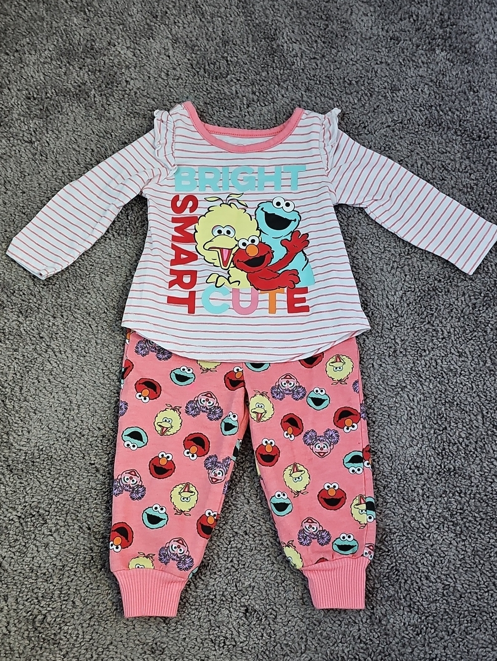 Sesame Street Baby Set Sz 6 Month Pink & White Long Sleeve Ruffle Shirt & Pants